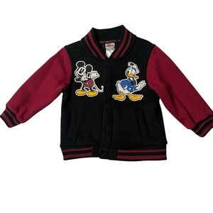 Disney‎ Mickey Mouse Donald Duck Varsity Jacket Toddler 2T Red Black Snap